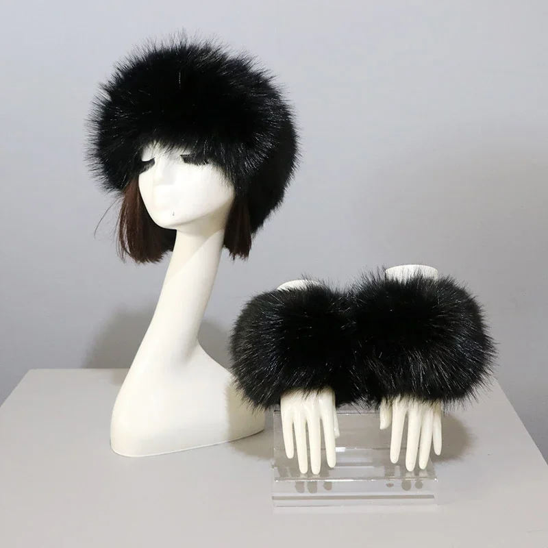 

3pcs/Set Women Winter Faux Fox Fur Headband Hats Cuffs Fashion Warmth Female Wrist Sleeve Gloves Faux Fur Cap Russian Style