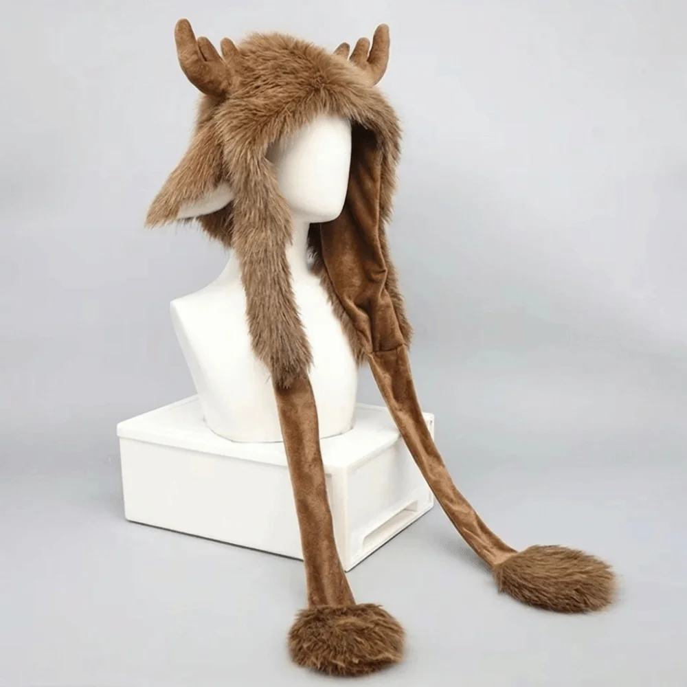 Pullover Style Christmas Elk Hat Windproof Design Teddy Fleece Winter Beanie Hat Fluffy Texture Adjustable Tie