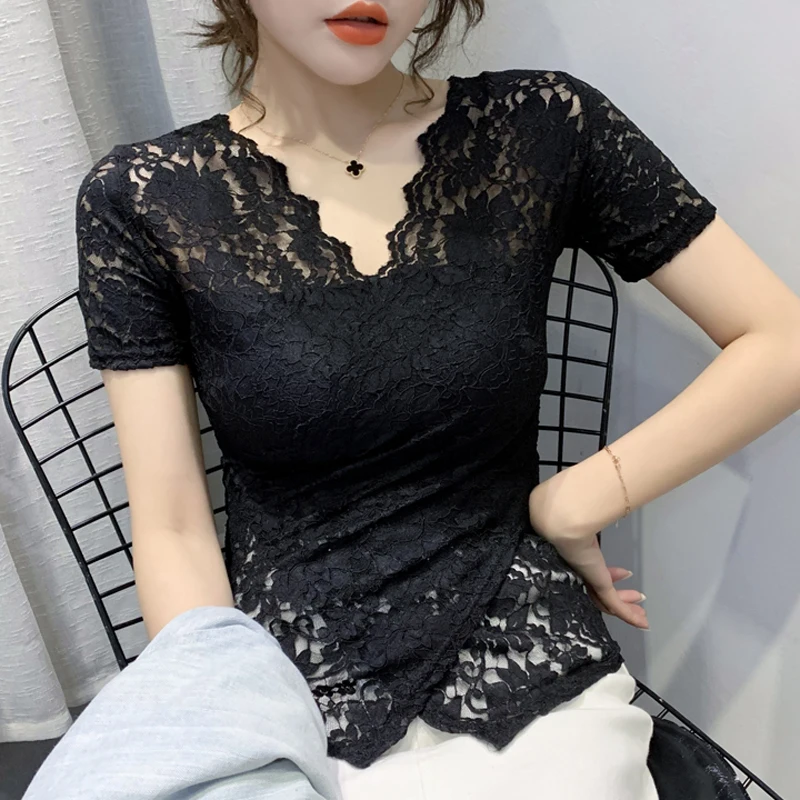 

Faionable Lace Trim ort Sve V-Ne Утягивающая футболка Женская летняя новинка Корейский Sle Commute Sle Цвет