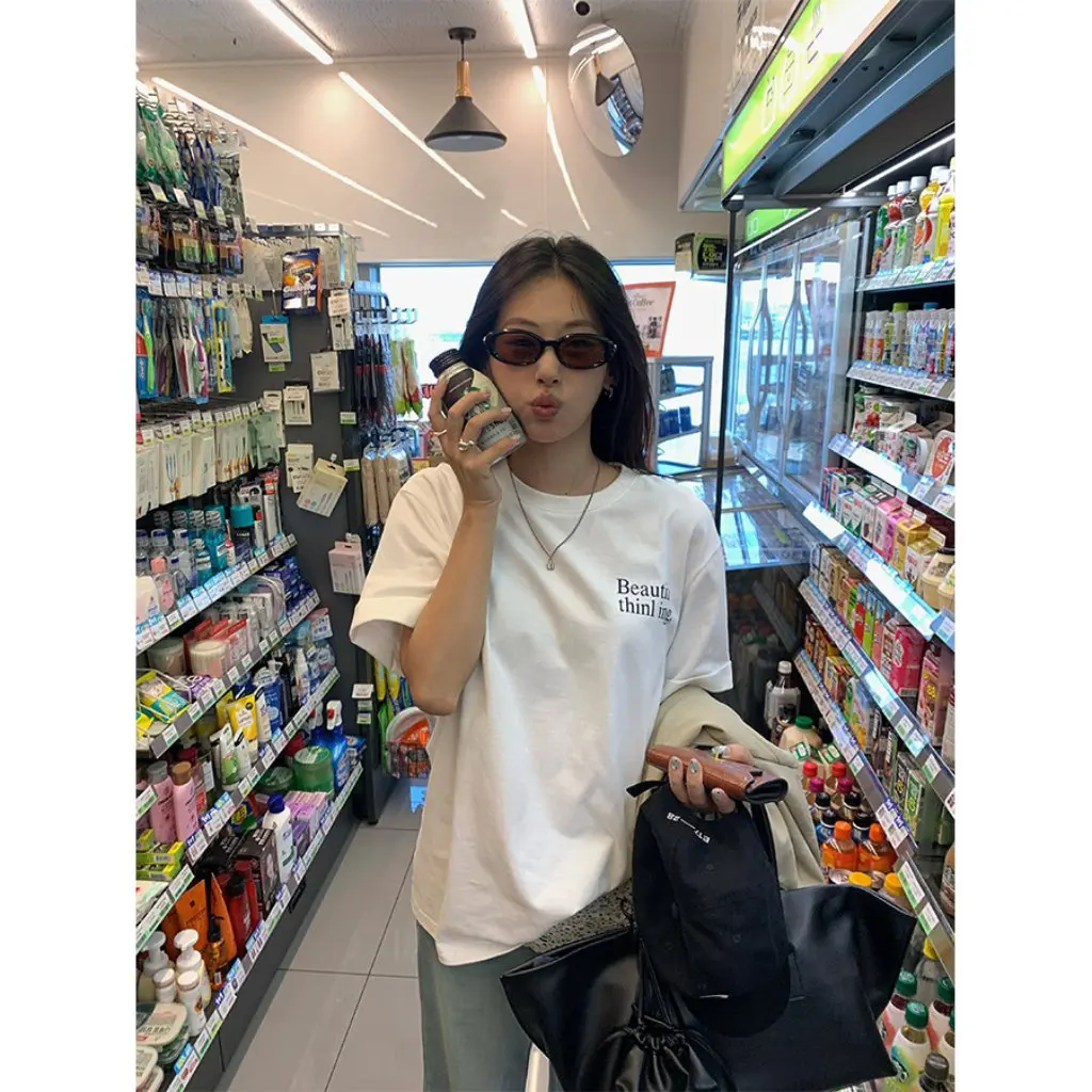 

Loose Women's Short Sleeve T-shirt Flocking Printing Korean Style Guangzhou Huangzhen Fall Slimming Versatile Casual Top