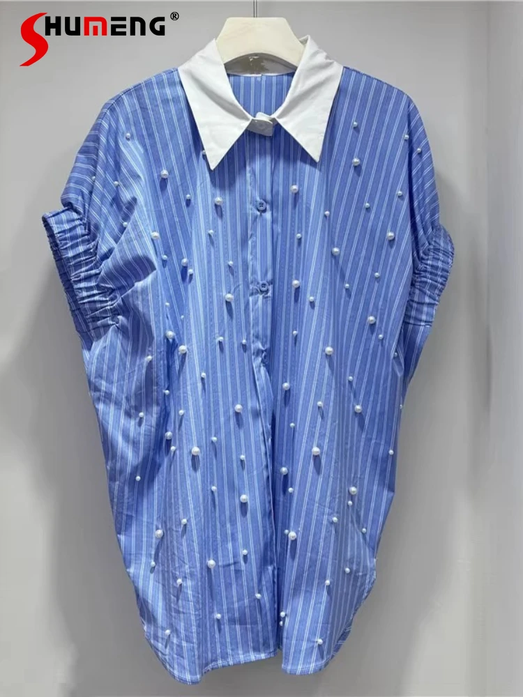 

Fashion Short-sleeve Shirts Women's 2025 Summer New Loose Comfort Striped Design Niche Beaded Tops Ladies High Street Nice Shirt