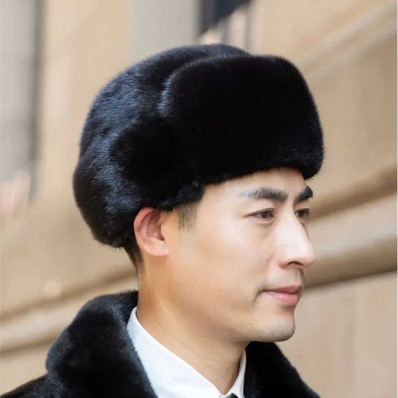 Leather fur for men real hair earwarmers the elderly