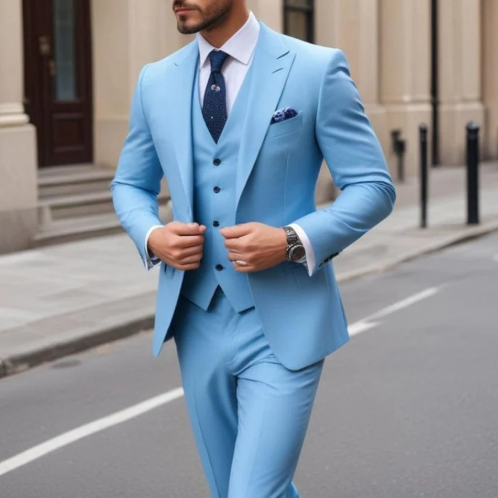 Custom Blue Men's Suits Single Breasted Peak Lapel Chic 3 Piece Jacket Pants Vest Outfits Gentlemen Male Clothing Costume 2024