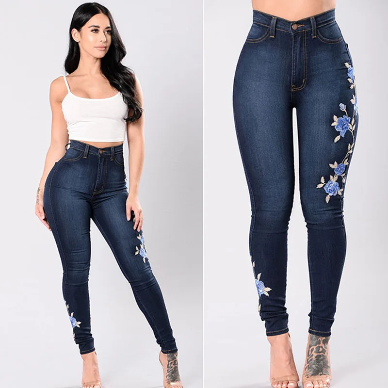 2023 New Women\'s High Waist Embroidered Jeans Fashion Slim Stretch Denim Pencil Pants Casual Female Clothing S-3XL Drop Shipping