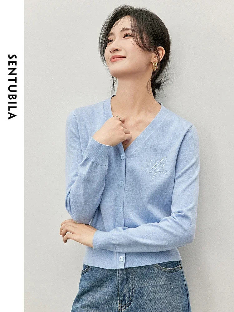 SENTUBILA Women Embroidery Knit Cardigans Simple Casual V Neck Long Sleeve Wool Comfort Sweater 2024 Autumn Clothing W43H57223