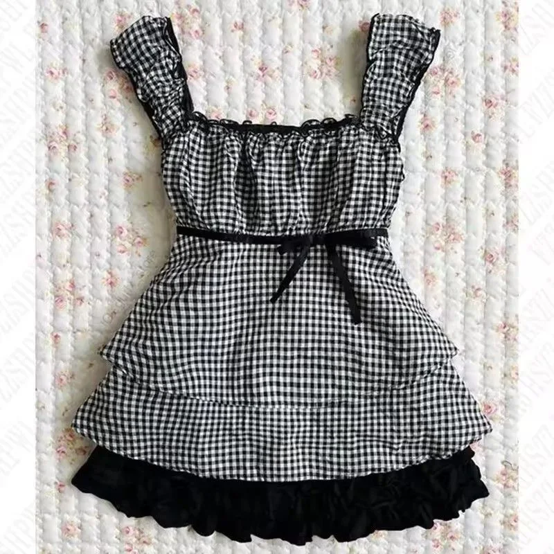 

2026 New Summer Plaid Color Matching Lace Cake Halter Top Vest