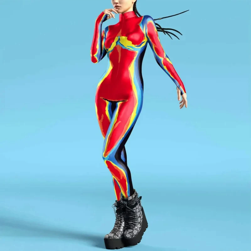 

❤2026★ Women zipper adult jumpsuit clothing colorful texture 3D print zentai bodysuit thumb sleeves cosplay costume Halloween o❤