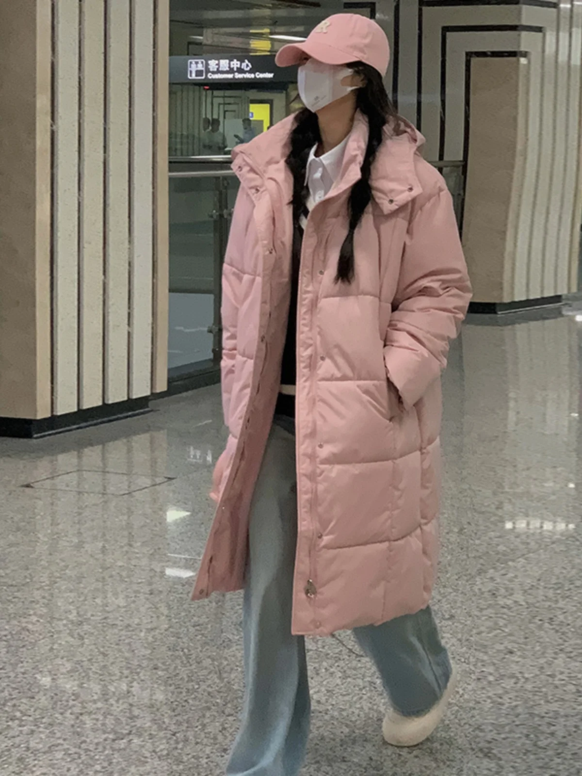 Women's Winter Thickened Long down Cotton Jacket Korean Style Loose Bread Design over Knee Warm  Color Zipper Closure