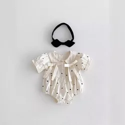 Summer Newborn Girl Baby Cute Dots Short Sleeve Bodysuit Infant Thin Comfort Casual Lapel Onesie + Hairband 2pcs Children Romper