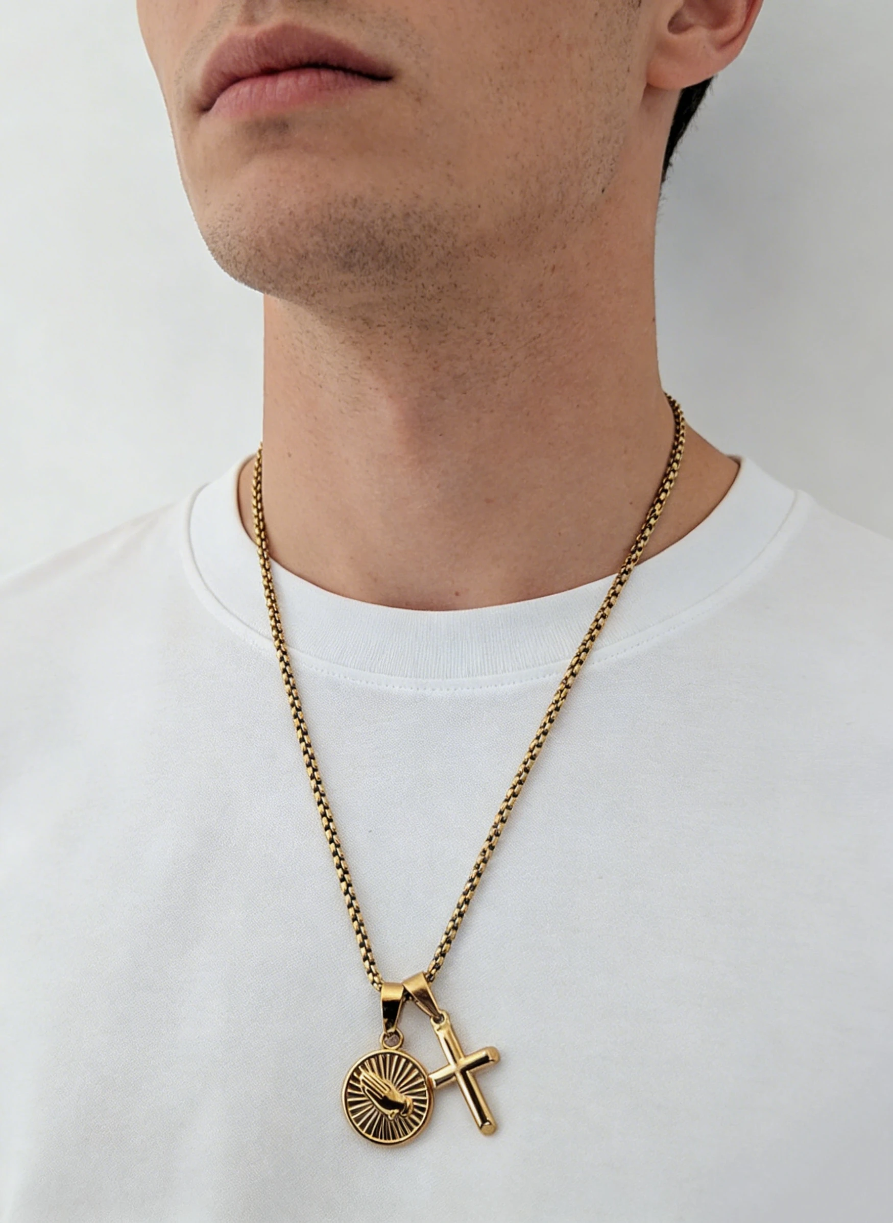 Men's Inspirational Jewelry Christian Prayer Hands Necklace Stainless Steel Religious Cross Necklace