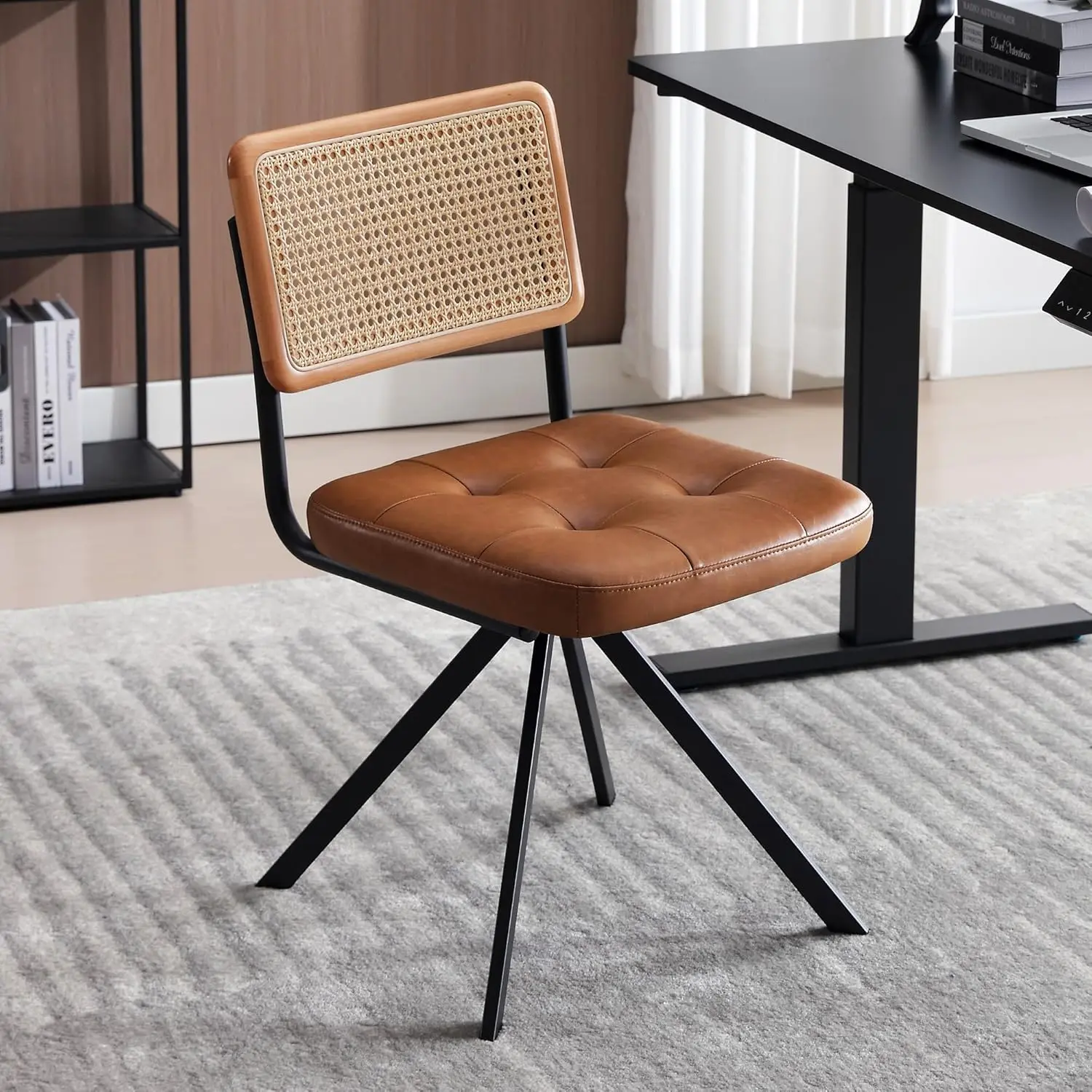Brown Rattan Desk Chair for Home Office, Mid Century Modern, No Wheels, Cane Mesh & Wooden Back, Vintage Faux Leather Swivel