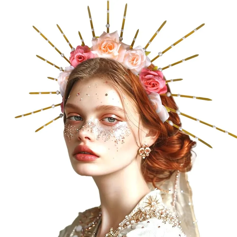 

Gold Halo Crown Flower Rose Spiked Crown Headband Headpiece Goddess Costume for Wedding Photoshoot Cosplay Festival Renaissance