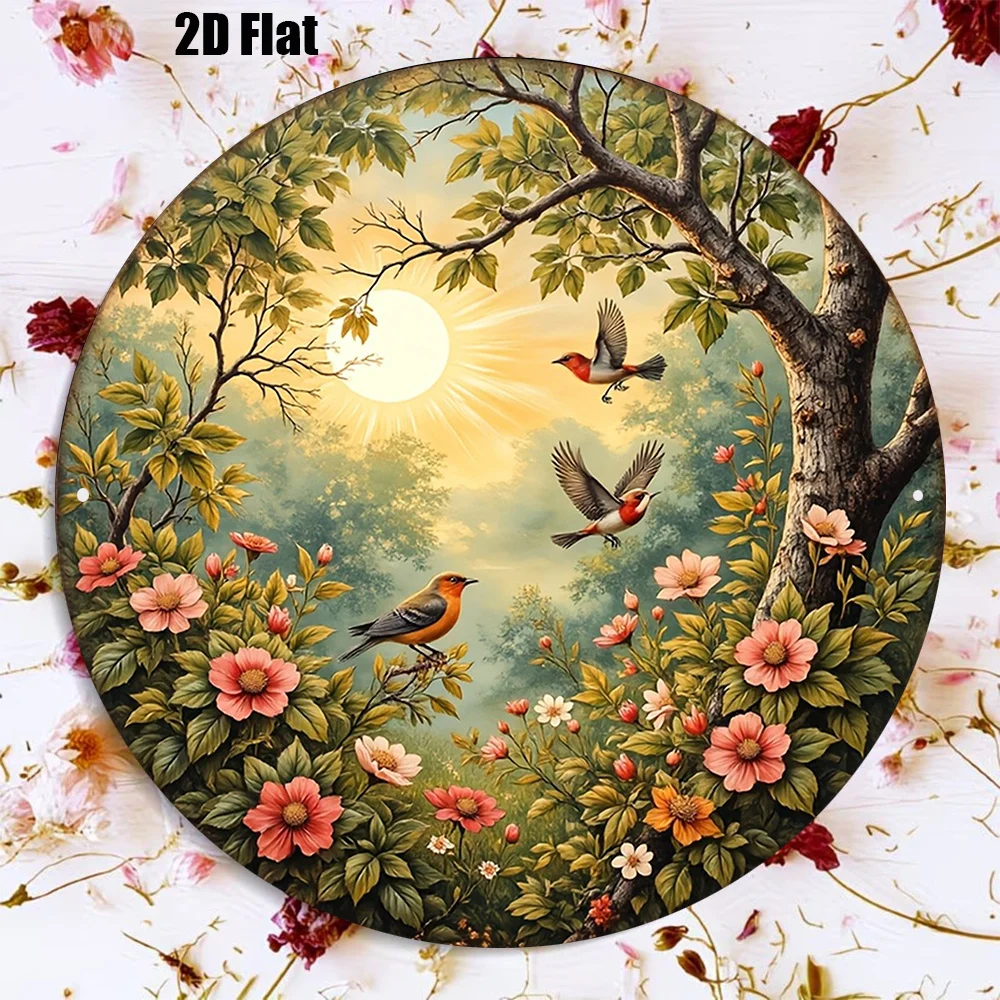 2D Flat - 1pc 8*8In/20X20Cm 2D Flat Round Aluminum Sign, Vintage Aluminum Plaque about Spring Garden Flying Birds, Idyllic Scene