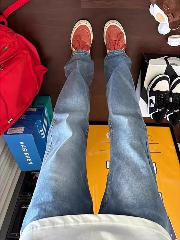 

Slim Fit Blue Waed Men's Jeans High Street Straight Leg Micro Flared Trousers Knife OOTD Casual Youth Cotton Denim