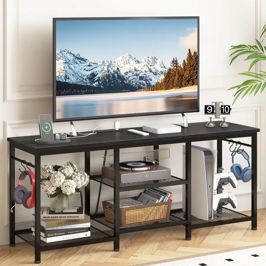 Entertainment Center for Up to 55 Inch TVs, TV Stand with Power Outlet and Open Storage Shelves, TV Media Console Table for Livi