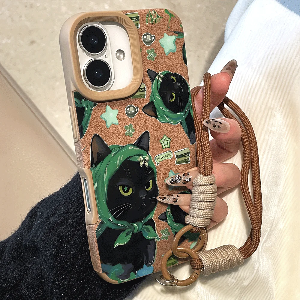 Зеленый чехол для телефона с принтом кошки и плетеным ремешком для iPhone 17, 16, 11, 14, 12, 13, 15 Pro Max, 16, 14, 15 Plus, X, XR, 17 Air Cover