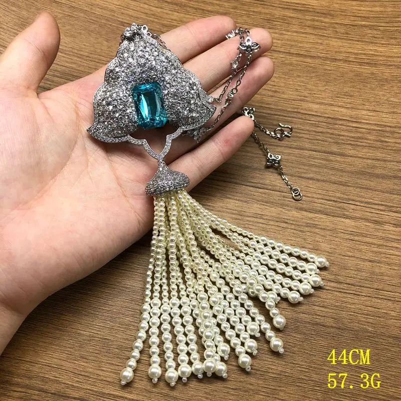 copper material inlaid zircon versatile necklace brooch detachable pendant jewelry pearl tassel