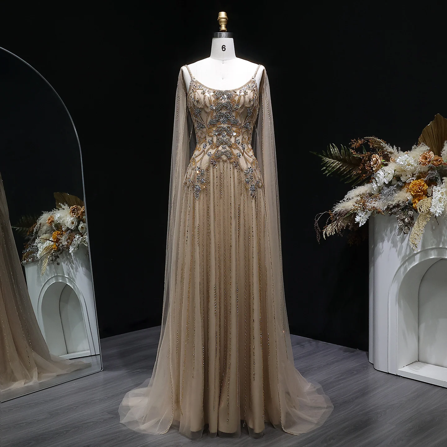 champagne beaded evening dress One-Shoulder Long Beaded Prom Dress with Pleated Fan Champagne / 14 main image 1