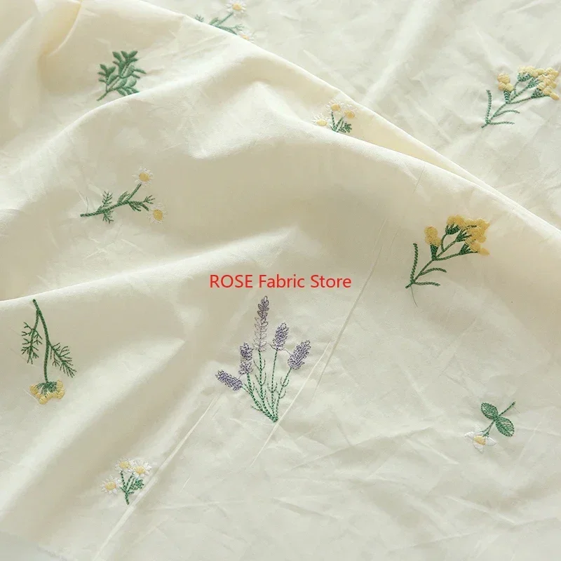 Pastoral Lavender Embroidery Beige Pure Cotton Fabric For DIY Sewing Craft,Skirt, Bridal Dress, Summer Dress, Table Cloth