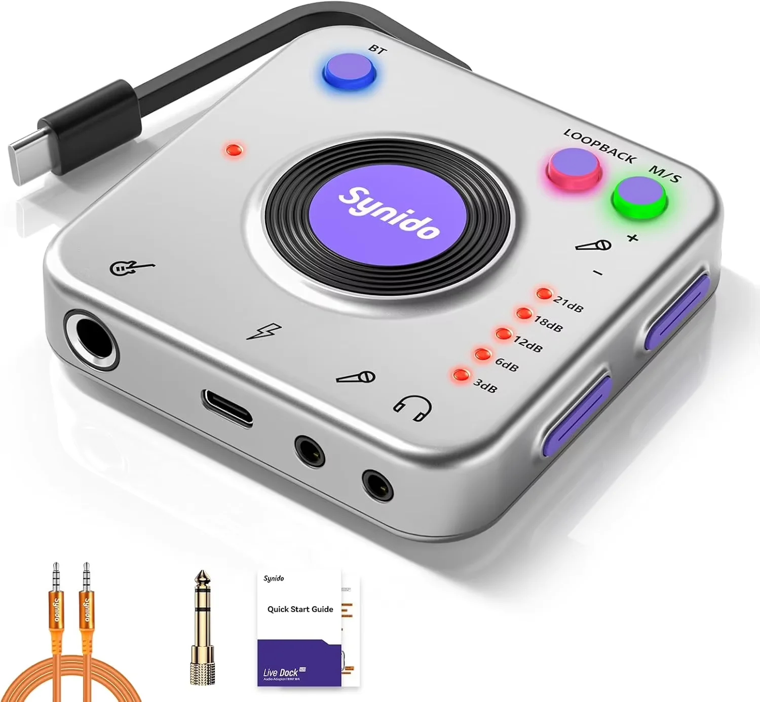 Synido Live Dock A10/A20 audioadapter met USB-C, muziekopname, draagbare audio-interface voor iPhone/iPad/Android/Mac/PC/laptop