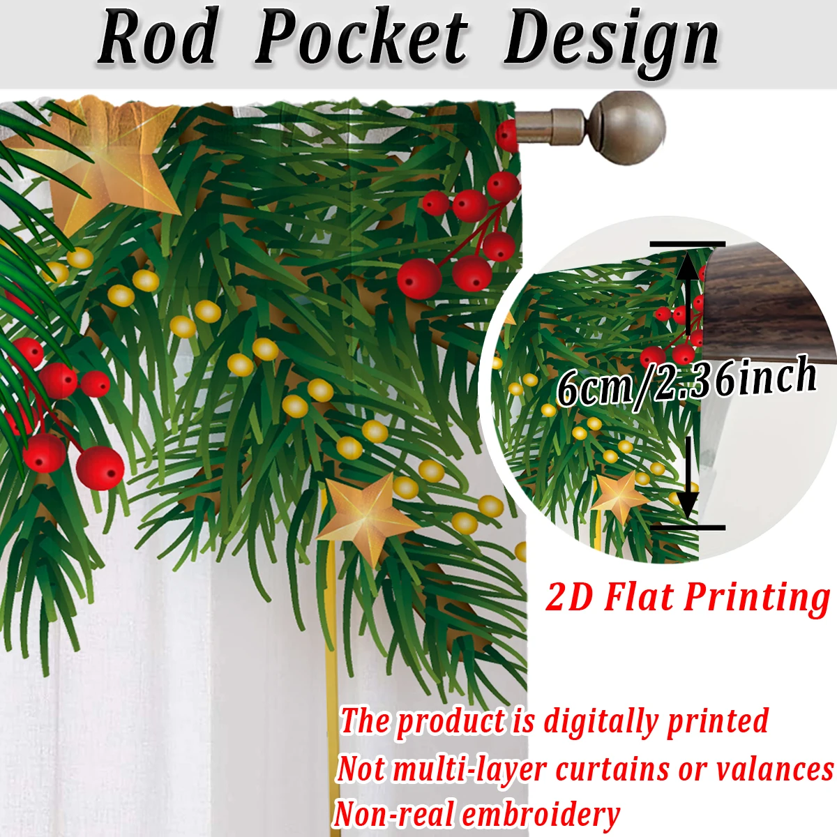 Christmas Flat Printing Sheer Curtain with Christmas Ball Star Pine Branch Berry for Living Room Bedroom Decor Holiday Party