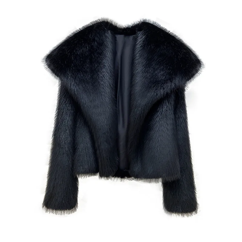 Cappotto in pelliccia sintetica con risvolto grande alla moda Temperamento femminile Cappotto caldo da donna elegante a maniche lunghe