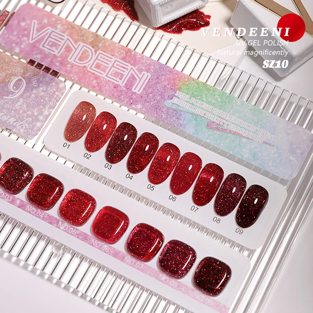 Vendeeni 9 Farben/Set Roter Glitzer-Broken-Diamond-Gel-Nagellack TPO HEMA-FREI Glitzer UV LED Soak-Off Gel-Lack mit Display – Detail 15