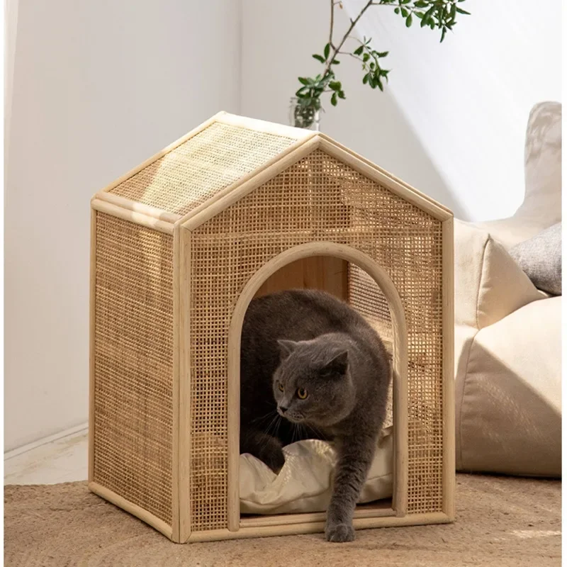 Japanese Rattan Woven Cat's House, Hollowed Out, Breathable Litter for Cat, Four Seasons, Universal Supplies