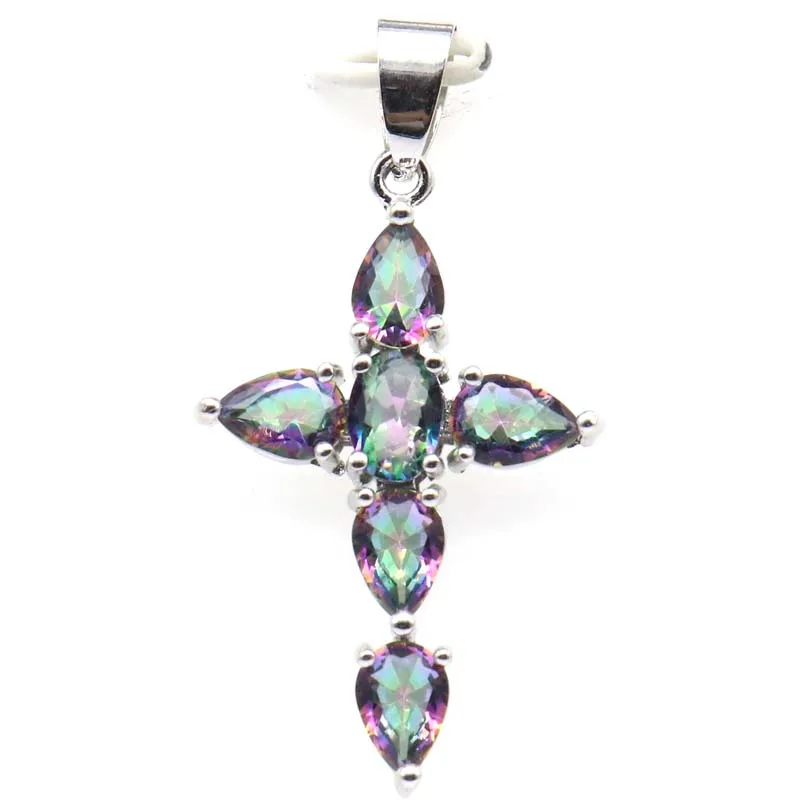 

925 Solid Sterling Silver Pendant 2.4g Customized Long Cross Rainbow Mystic Topaz London Blue Topaz Amethyst Raspberry Rhodolite