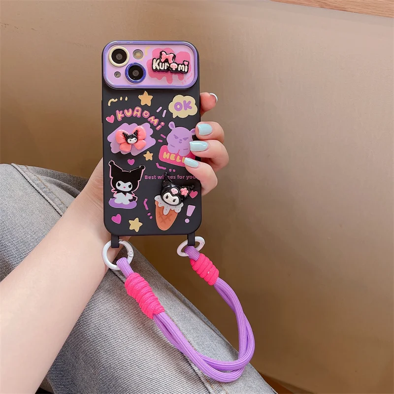 INS Hot Sanrio Purple Kuromi Case For iPhone 15 14 13 12 Pro Max Cute Cartoon Large Window Veneering With Lanyard Phone Cases