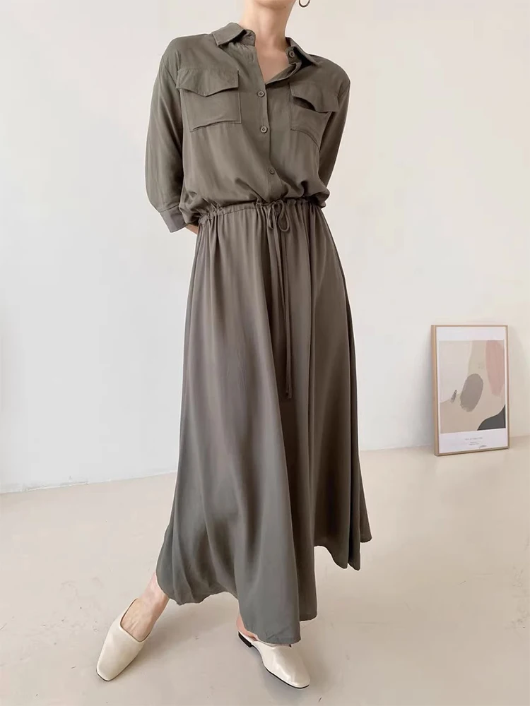 Clothland Women Elegant Shirt Dress Pocket Drawstring Tie Sashes Three Quarter Sleeve One Piece Office Midi Dresses QD510