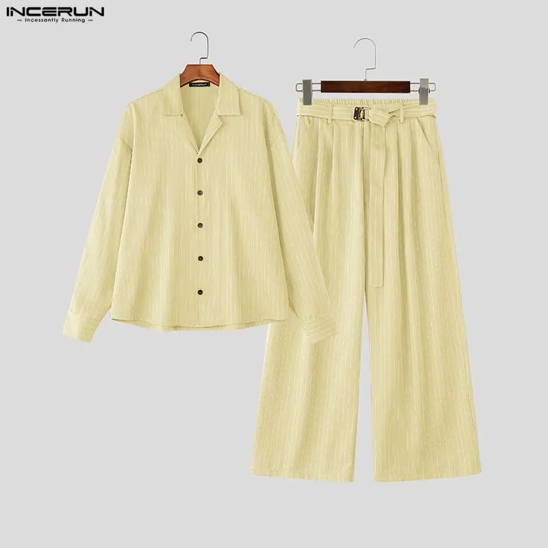 

INCERUN Men Sets Striped Lapel Long Sleeve Shirt & Pants Two Pieces Sets Loose Streetwear 2025 Fashion Men's Casual Suits S-5XL