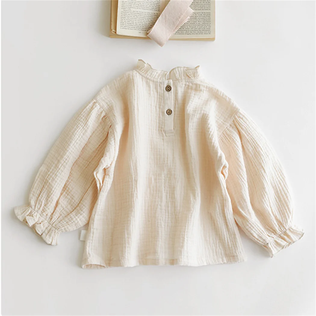 Adorable Ruffle Collar Girls Cotton Shirt Flare Sleeve Baby Blouse Beige Collar Children Tops Soft Breathable Kids Home Wear