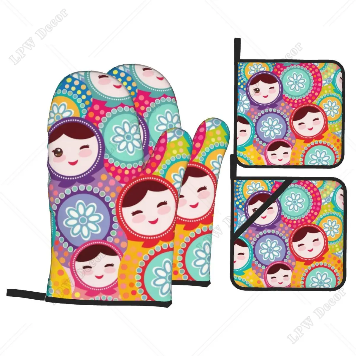 Russian Dolls Matryoshka Oven Mitts and Pot Holders 4pcs Set High Heat Resistant Babushka Baking Cooking Gloves for Kitchen BBQ