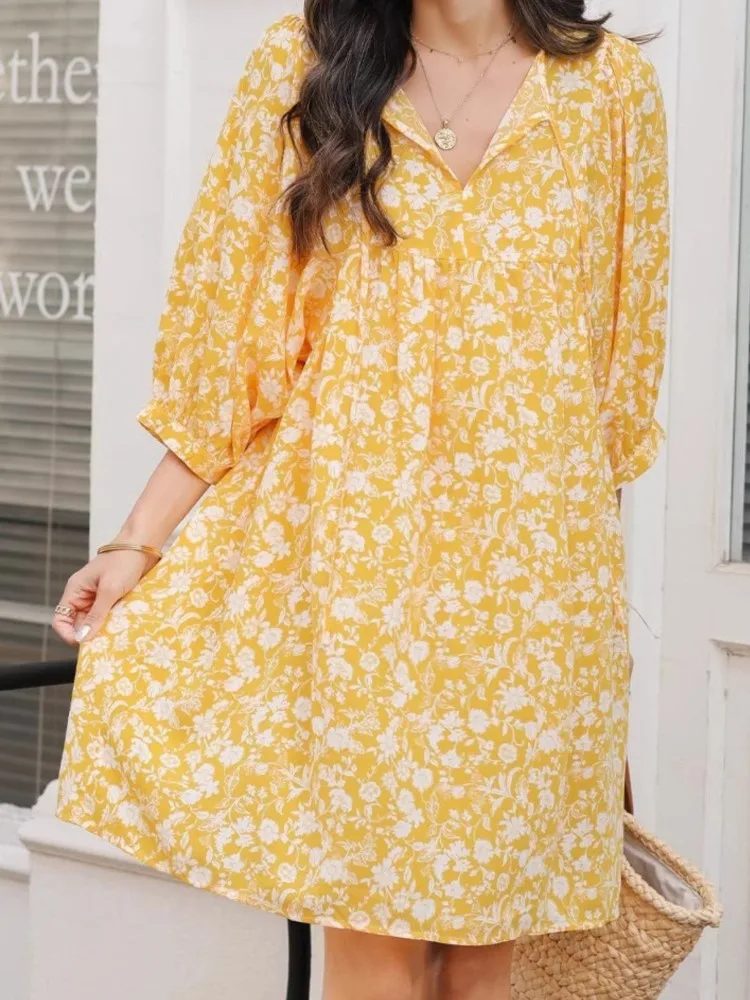 

Women Elegant Summer Dresses New Casual Bohemian Flower V-neck Printed Lantern Sleeve Beach Dresses 2025 Ladies Fashion Vestidos