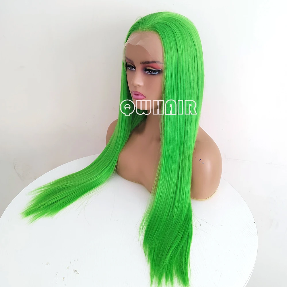 QW Synthetic Hair Light Green Straight  13X4 Lace Front Wigs for Women  Frontal Wigs  Glueless Heat Resistant Fiber Cosplay