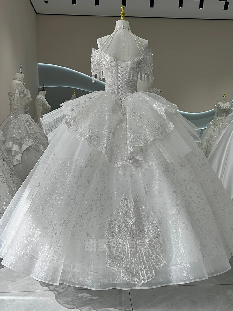 Vestidos De Novia De lujo con hombros descubiertos, cuello barco, cuentas hechas a mano, exquisitos vestidos De baile De princesa, Vestido De Novia personalizado