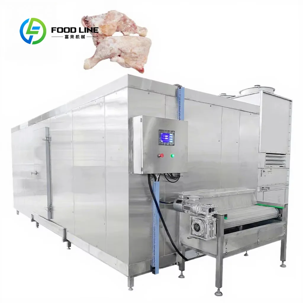 Congelador de túnel IQF personalizado FL al por mayor de 2000 kg, máquina industrial automática de congelación rápida por descarga para pescado y pollo