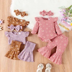 3PCS Autumn New Style For Girls Aged 0-1, Fashionable Round Collar Printed Long-Sleeved Clothes + Trousers + Headscarf