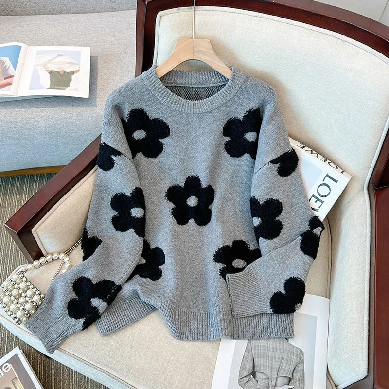 Korean Autumn Winter O-neck Woolen Women Sweater Flower Warmth Fashion Versatile Long Sleeve Knitted Pullovers Knitted Women Top