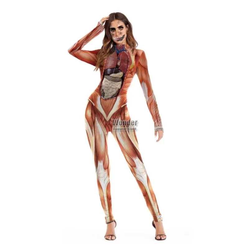 Vrouwen Mannen Menselijk Lichaam Skelet Spier 3D Afdrukken Jumpsuit Volwassen Halloween Cosplay Kostuums Party Rol Spelen Dress Up Outfit