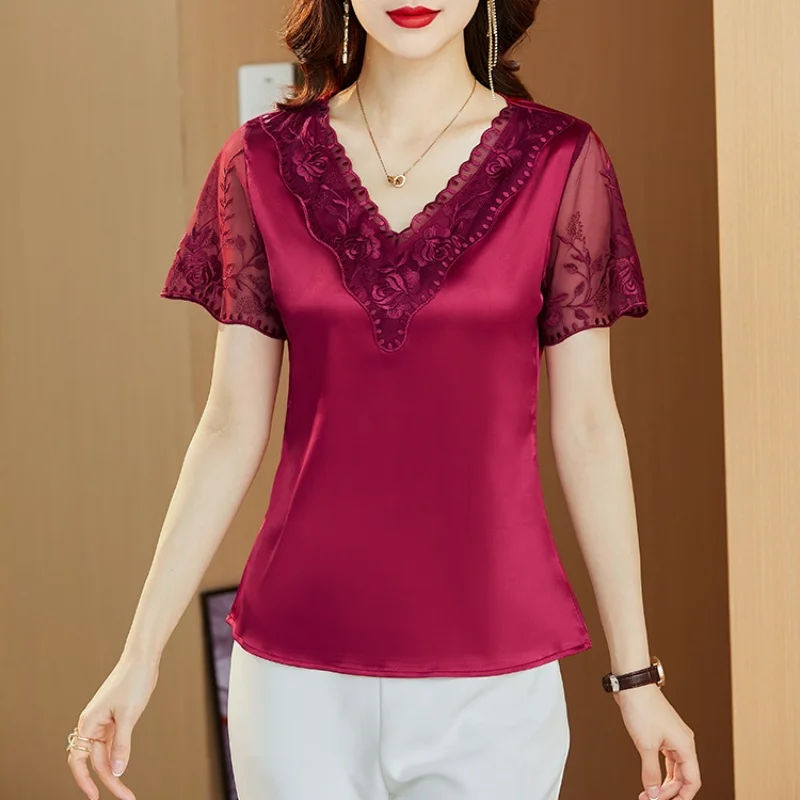 2024 Summer New Fashion Short Sleeve Satin Lace Shirt and Blouse Stitching Embroidery Tops Elegant Youth Women\'s Clothing 19128