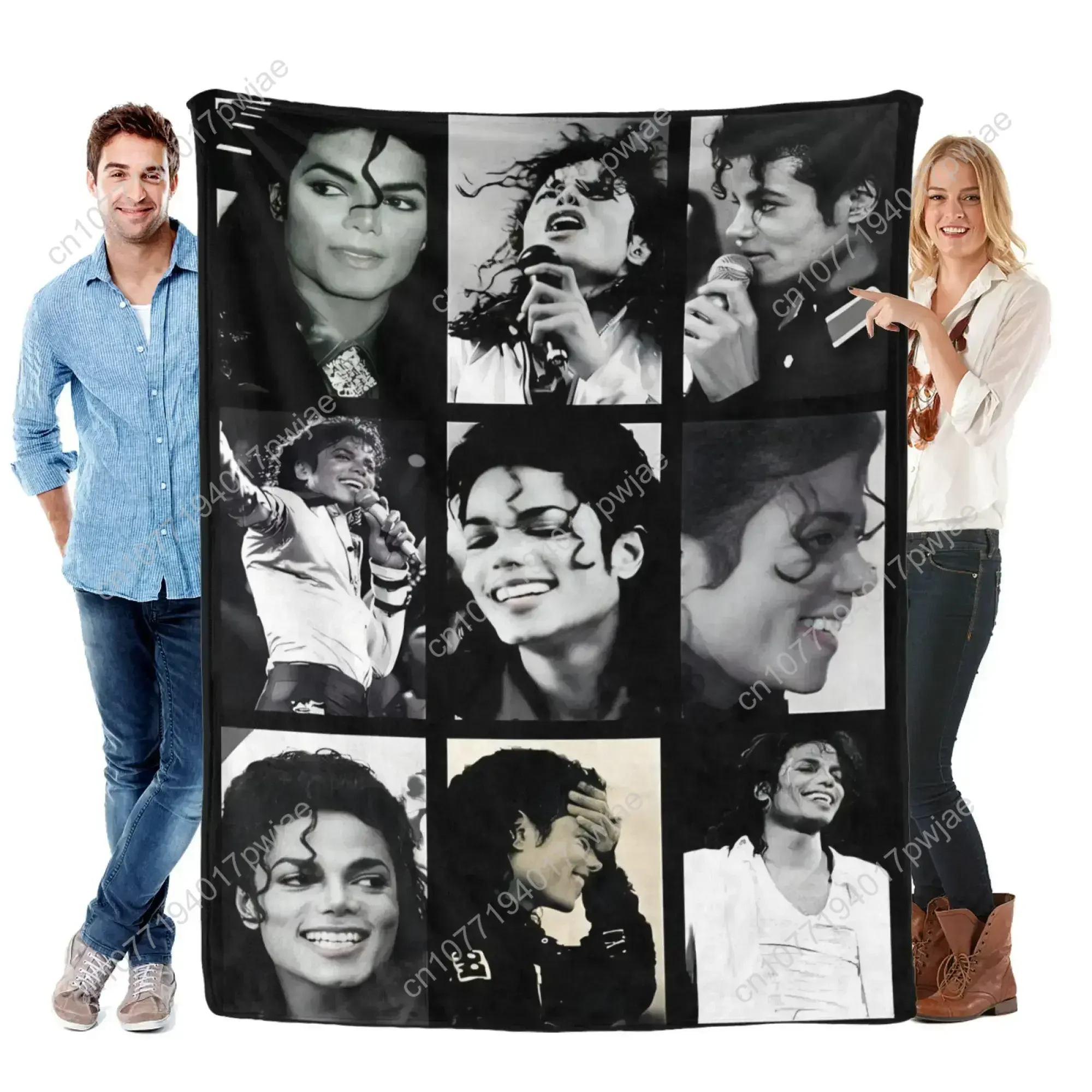 Michael Jackson Collage Portrait Flannel Throw Blanket Black Backdrop B&W Photo Style Print Soft Cozy Polyester Plush Blanket Mu