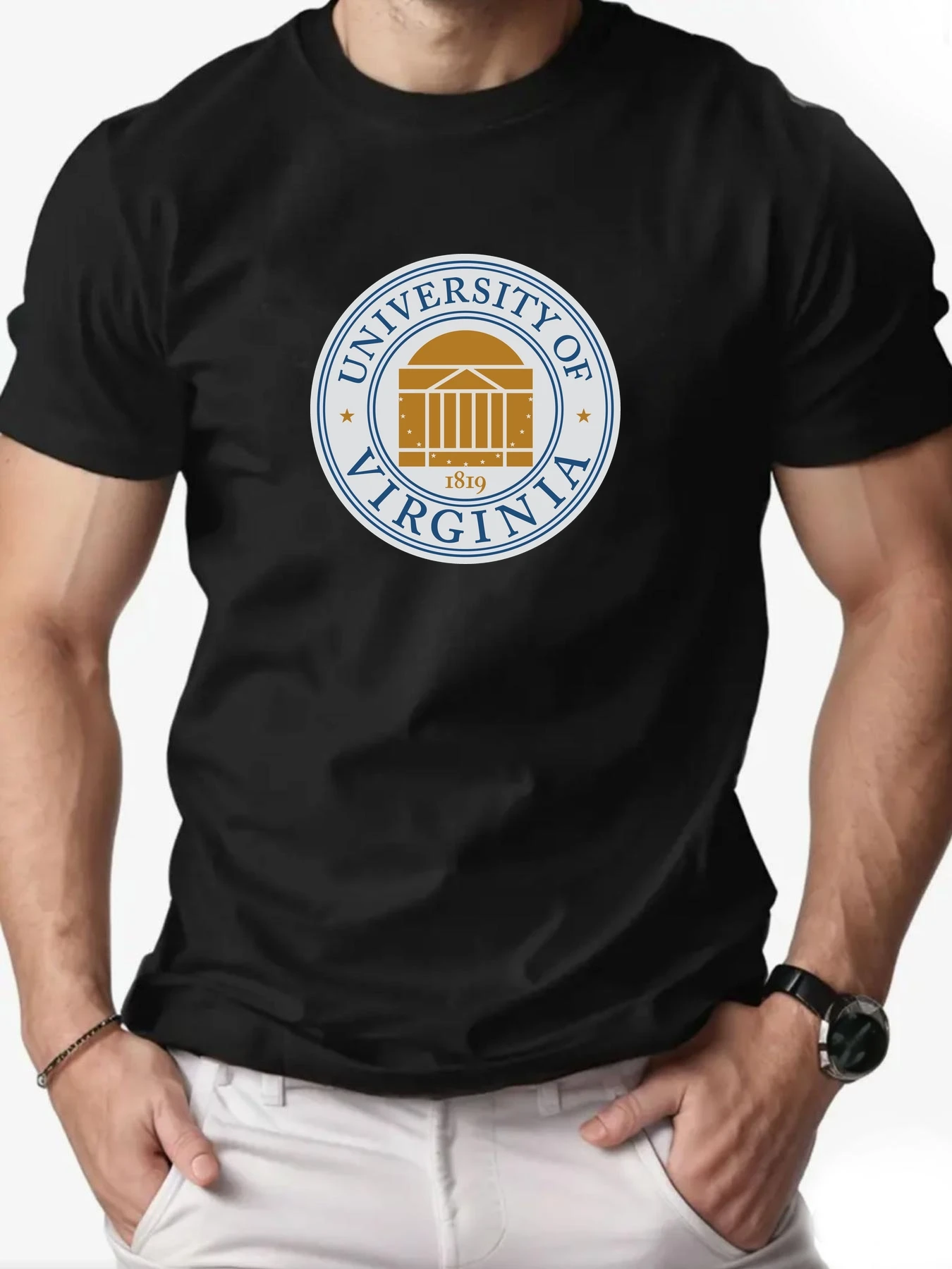 Men's Cotton T-Shirt, University of Virginia Summer Round Neck Short Sleeve Graphic Breathable Fashion Casual T-Shirt