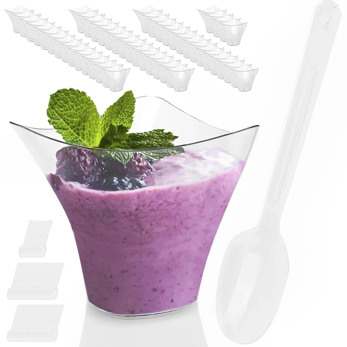 50 قطعة أكواب حلوى مع 50 ملاعق شفافة 3.38 أونصة/100 مللي أواني حلوى صغيرة قابلة لإعادة الاستخدام كوب بارفيه من البلاستيك الشفاف #3