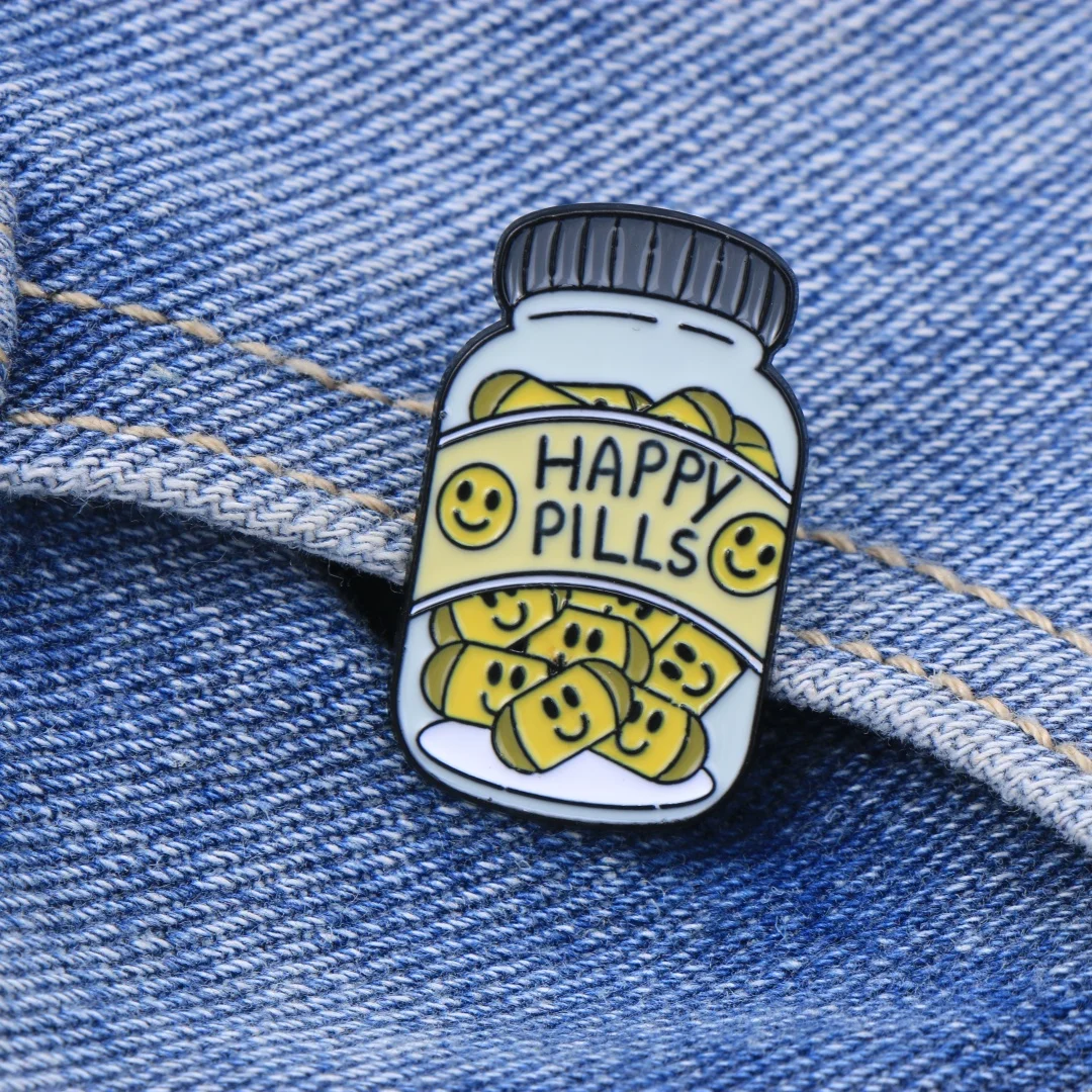 Cartoon Punk Slogan Enamel Lapel Pin Metal Brooch Badge, Funny Happy Pills Smile Face Jar Letter Design BackpackOrnament