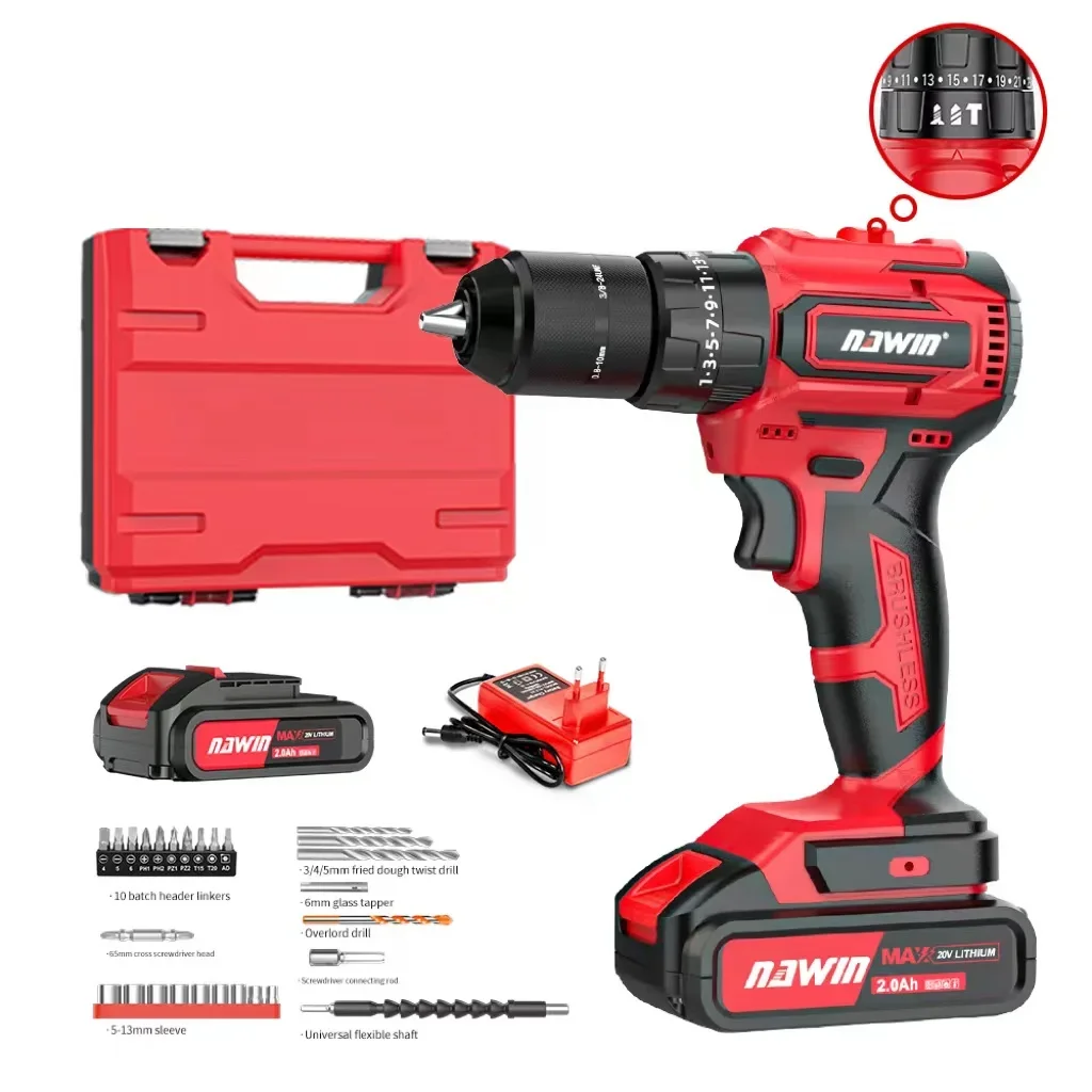 NANWEI Brushless Cordless Drill Impact Driver Combo Kit electric screwdriver with (2) Batteries and 1 Charger