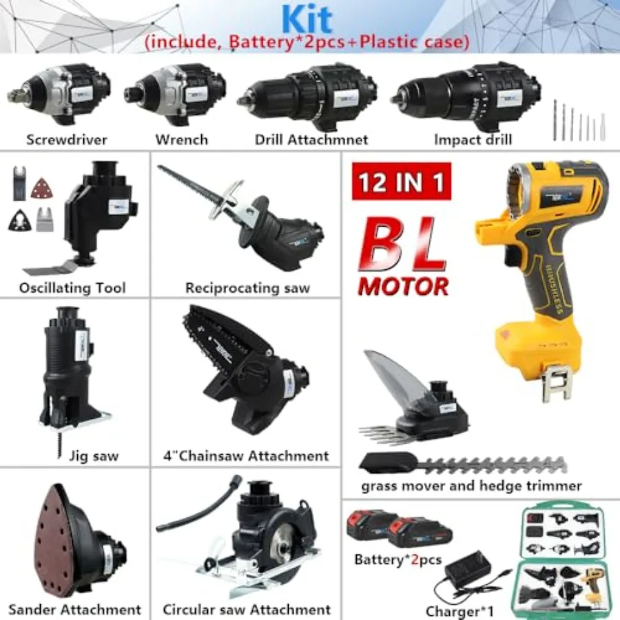 Power Tool Combo Kits Compatible with De-Walt 20V Battery, Cordl Tool Set, 2 Batteries and Charger