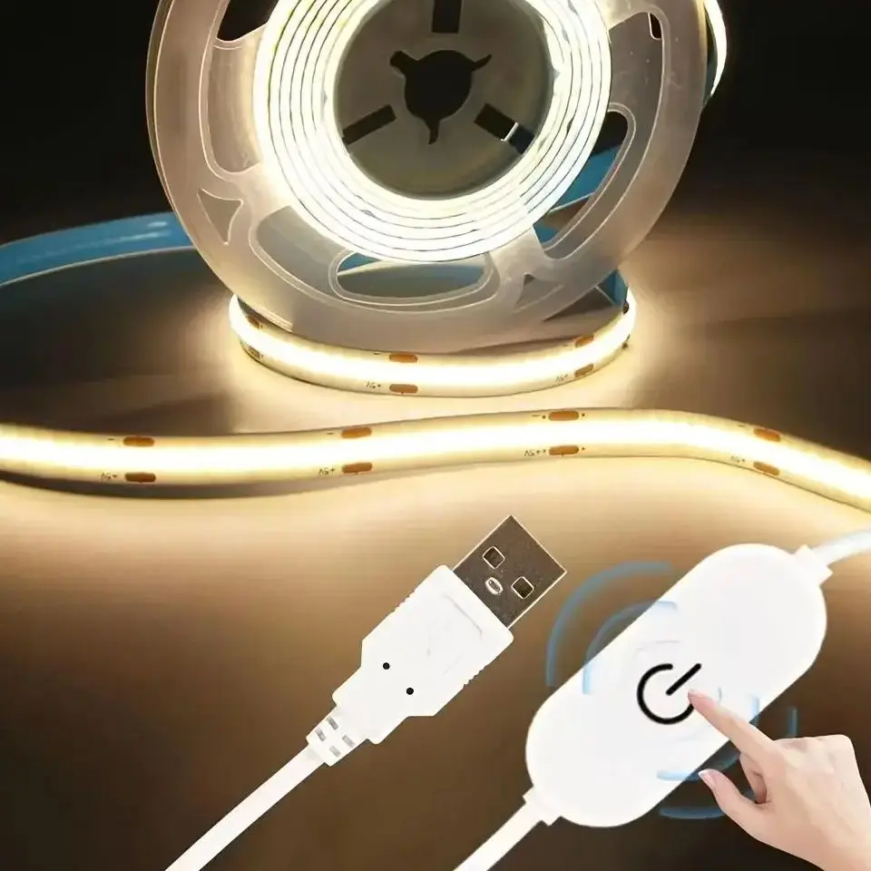 Taśma LED USB 1M-5M 5V 320LED/M COB z czujnikiem dotykowym, ściemnialna, do samodzielnego montażu, podświetlenie TV, lustra, kuchni, pokoju, oświetlenie nocne — 2