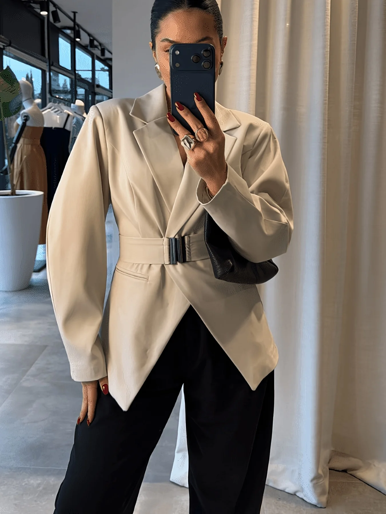 Women Beige Belted Waist Blazer Lapel Irregular Hem Office Long Sleeve Jacket